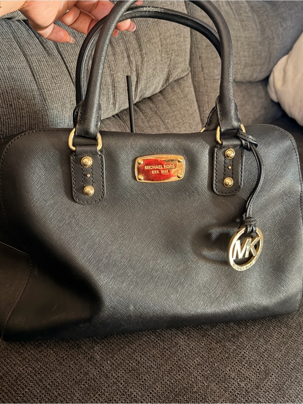Michael Kors Black Saffiano Leather Dome Satchel with Gold Hardware